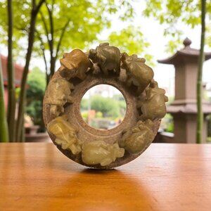 Collectible Vintage Stone Circle of Elephant Figures-Soapstone-Handmade